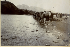 Eine Kamelkarawane überquert einen Fluss in China, umgeben von majestätischen Bergen in der weiten Landschaft