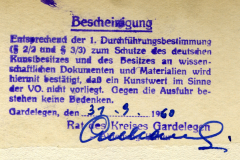 Bescheinigung für die Ausfuhr von Kunstwerken aus der DDR im Jahr 1960 in Gardelegen, China