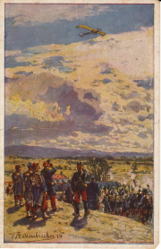 Soldaten beobachten ein Flugzeug über einem militärischen Lager im Jahr 1914