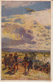 Soldaten beobachten ein Flugzeug über einem militärischen Lager im Jahr 1914