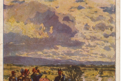 Soldaten beobachten ein Flugzeug über einem militärischen Lager im Jahr 1914