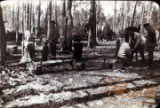Arbeiter im Wald beim Holzverarbeiten unter Bäumen in den frühen 20er Jahren