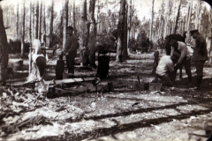 Arbeiter im Wald beim Holzverarbeiten unter Bäumen in den frühen 20er Jahren