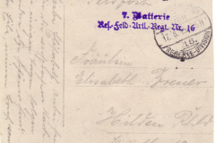 Historische Postkarte der 7. Batterie aus dem Ersten Weltkrieg mit Stempel