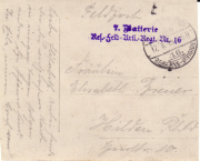 Historische Postkarte der 7. Batterie aus dem Ersten Weltkrieg mit Stempel
