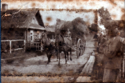 Historisches Dorfleben mit Pferd und Wagen in der ländlichen Umgebung