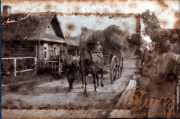 Historisches Dorfleben mit Pferd und Wagen in der ländlichen Umgebung