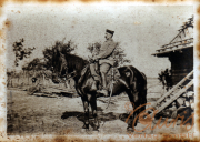Ein Reiter auf einem Pferd vor einem ländlichen Hintergrund in der Dämmerung