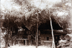 Ein historisches Blockhaus in der Natur mit Personen im Hintergrund