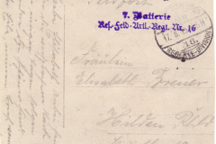 Historische Postkarte der 7. Batterie aus dem Ersten Weltkrieg mit Stempel