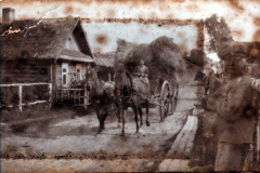 Historisches Dorfleben mit Pferd und Wagen in der ländlichen Umgebung