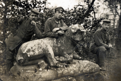 Soldaten posieren mit Löwenstatue an der Westfront während des Ersten Weltkriegs