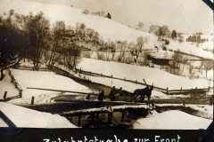Zufahrtsstraße zur Front mit einem Pferd in verschneiter Landschaft während des Ersten Weltkriegs