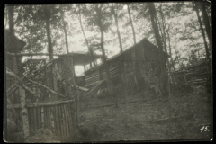 Bau eines Holzhauses im Wald mit einer Person und umgebenden Bäumen