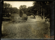 Historische Brücke im Grünen mit ländlicher Umgebung und Rinderherde