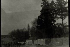 Abgelegene Landschaft mit Bäumen und ländlichen Gebäuden in der Abenddämmerung