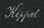 Schriftzug Kippel auf schwarzem Hintergrund, verziert mit eleganten Kurven und Linien