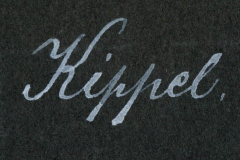Schriftzug Kippel auf schwarzem Hintergrund, verziert mit eleganten Kurven und Linien
