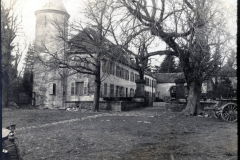 Historisches Anwesen mit Turm und alten Bäumen in einem ländlichen Gelände