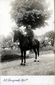 Soldat auf einem Pferd steht unter einem Baum am 15. August 1915