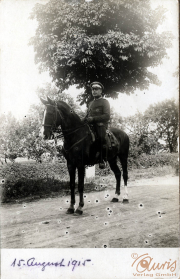 Soldat auf einem Pferd steht unter einem Baum am 15. August 1915