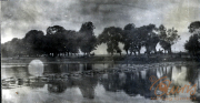 Blick auf einen Fluss mit militärischen Aktivitäten und Bäumen, III. Bataillon IV Thüringisches Infanterie-Regiment 72