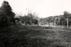 Zerstörte Siedlung mit Holzpfosten und Trümmern in bewaldeter Landschaft, Frankreich