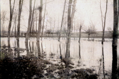 ?berflutete Winterlandschaft mit Baumreihen und Soldaten in der Ferne