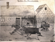 Gasalarm beim Regimentsquartier - Karikatur von Soldaten mit Gasmasken
