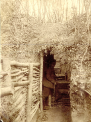 Schützengraben mit Sandsackbefestigung und Holztreppe im Ersten Weltkrieg