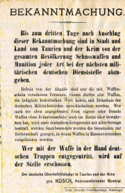 Bekanntmachung zur Waffenabgabe in Taurien und der Krim von General Kosch