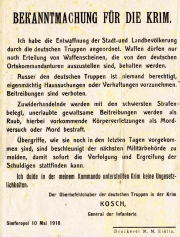 Bekanntmachung für die Krim von General Kosch zur Entwaffnung der Bevölkerung, 10. Mai 1918