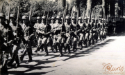 Soldaten paradieren in geordneter Formation unter strahlenden Baumreihen während eines historischen Marsches