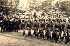 Historische Militärparade in malerischer Landschaft mit Soldaten und Offizieren bei strahlendem Wetter
