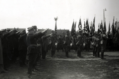 Imposante Militärparade mit Fahnen und Einheiten in einer historischen Kulisse