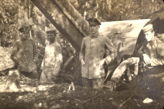 Soldaten des Ersten Weltkriegs stehen neben einer Feldkanone im Wald während intensiver Kämpfe