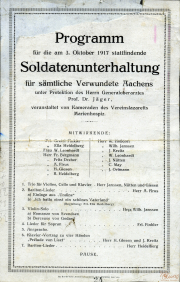 Programm für die Soldatenunterhaltung am 3. Oktober 1917 in Aachen für verwundete Soldaten unter dem Schutz des Generaloberarztes