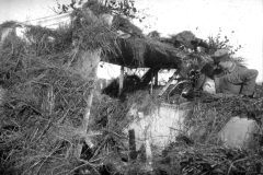 Soldat untersucht ein getarntes Flugzeugwrack während des Ersten Weltkriegs in einem Waldgebiet