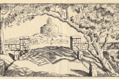 Historische Darstellung eines Rundturms mit umgebendem Garten im passenden Licht