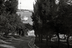 Die Aufnahme zeigt den Blick durch eine baumbestandene Parkanlage auf ein Kriegsschiff im Hafen. Im Hintergrund sind die charakteristischen Berge der Bucht von Cattaro zu erkennen.