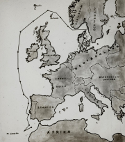Die Karte zeigt Europa und Nordafrika mit einer markierten Linie um die Britischen Inseln, die das U-Boot-Sperrgebiet kennzeichnet. Deutlich erkennbar sind die Länderbezeichnungen Deutschland, Frankreich, England, Spanien, Italien und Österreich-Ungarn.