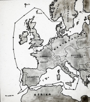 Kartographische Darstellung der Einsatzgebiete und Fahrtrouten des deutschen U-Bootes S.M. U 39 während des Ersten Weltkriegs. Die Karte zeigt Europa, das Mittelmeer und Nordafrika mit eingezeichneten Operationslinien und markierten Stützpunkten wie Kiel und Cattaro.