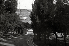 Die Aufnahme zeigt den Blick durch eine baumbestandene Parkanlage auf ein Kriegsschiff im Hafen. Im Hintergrund sind die charakteristischen Berge der Bucht von Cattaro zu erkennen.