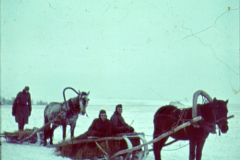 Pferdeschlitten mit Personen in Winterlandschaft, Russland