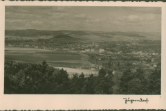 Panoramablick auf Flusstal mit Stadt und Waldlandschaft in Polen