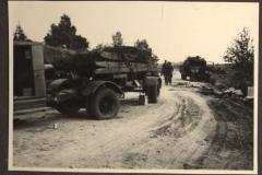 Lastkraftwagen und Militärfahrzeuge auf Feldweg, Borkum Flak-Stellung