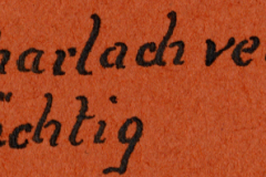 Handschriftliche Beschriftung 'Scharlach verdächtig' auf orangefarbenem Untergrund