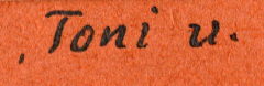Handschriftliche Namensinschrift auf orangefarbenem Untergrund
