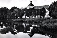 Schloss mit Kapelle an Gewässer, Schwäne im Wasser