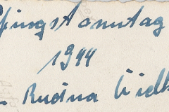 Handschriftliche Notiz mit Datierung Pfingstmontag 1944 und Ortsangabe Rudina Liedba